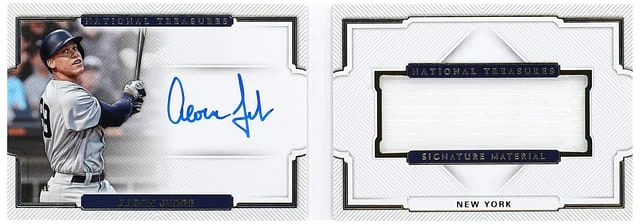 2018 Panini National Treasures Aaron Judge Signature Material Booklet #SMB-AJ card image