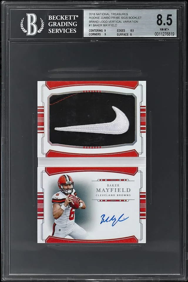 2018 Panini National Treasures Baker Mayfield Jumbo Prime Signatures Brand Logo Vertical Variation #PBSV-BM card image