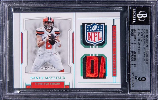 2018 Panini National Treasures Baker Mayfield Dual Materials Platinum #RDM-1 card image