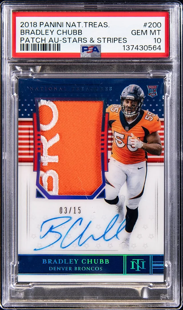 2018 Panini National Treasures Bradley Chubb Patch Autograph Stars & Stripes #200 card image