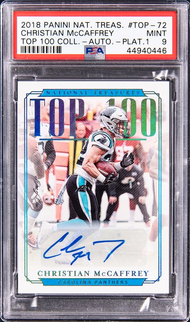 2018 Panini National Treasures Christian McCaffrey Top 100 Collection Autograph Platinum #TOP-72 card image