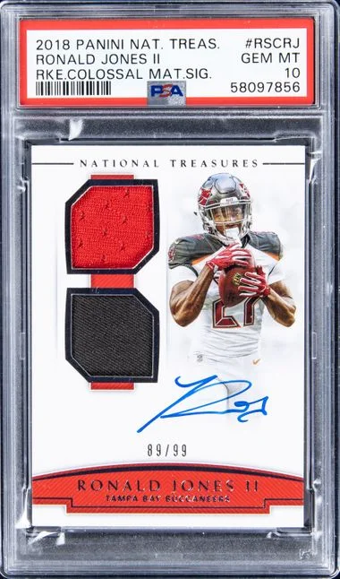 2018 Panini National Treasures Colossal Material Signatures Rscrj Ronald Jones II #no-number card image