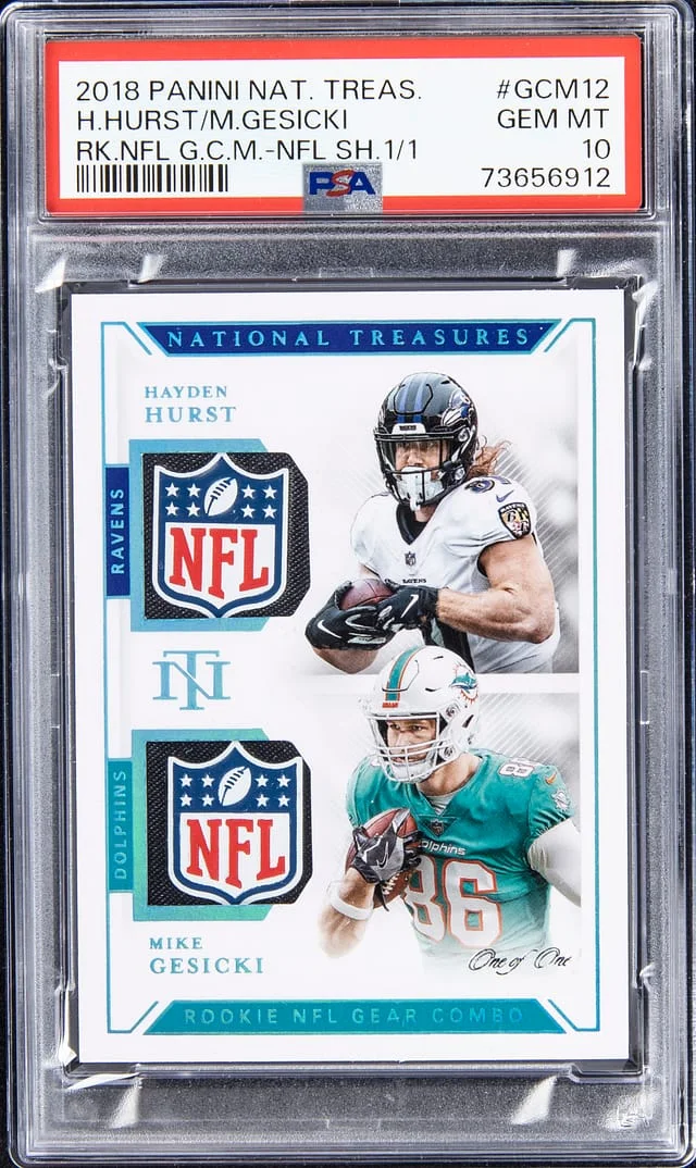 2018 Panini National Treasures Hayden Hurst/Mike Gesicki NFL Gear Combo Materials NFL Shield #GCM-12 card image