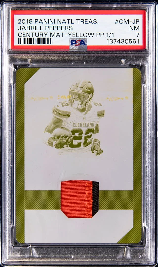 2018 Panini National Treasures Jabrill Peppers Century Materials Yellow Printing Plate #CM-JP card image