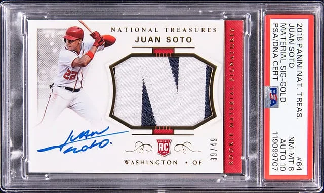 2018 Panini National Treasures Juan Soto Material Signature Gold #64 card image
