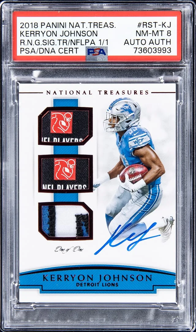 2018 Panini National Treasures Kerryon Johnson NFL Gear Signatures Triple Relic NFLPA #RST-KJ card image