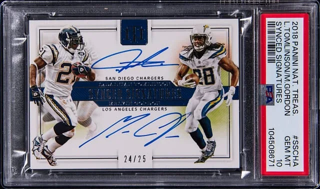 2018 Panini National Treasures LaDainian Tomlinson/Melvin Gordon Synced Signatures #SS-CHA card image