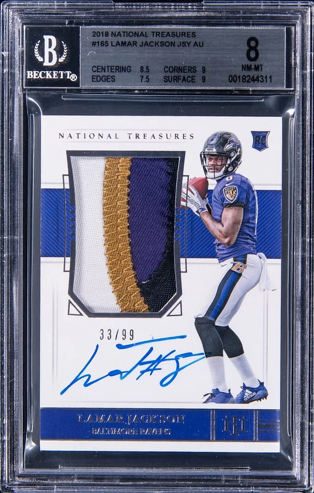 2018 Panini National Treasures Lamar Jackson Patch Autograph (RPA) #165 card image