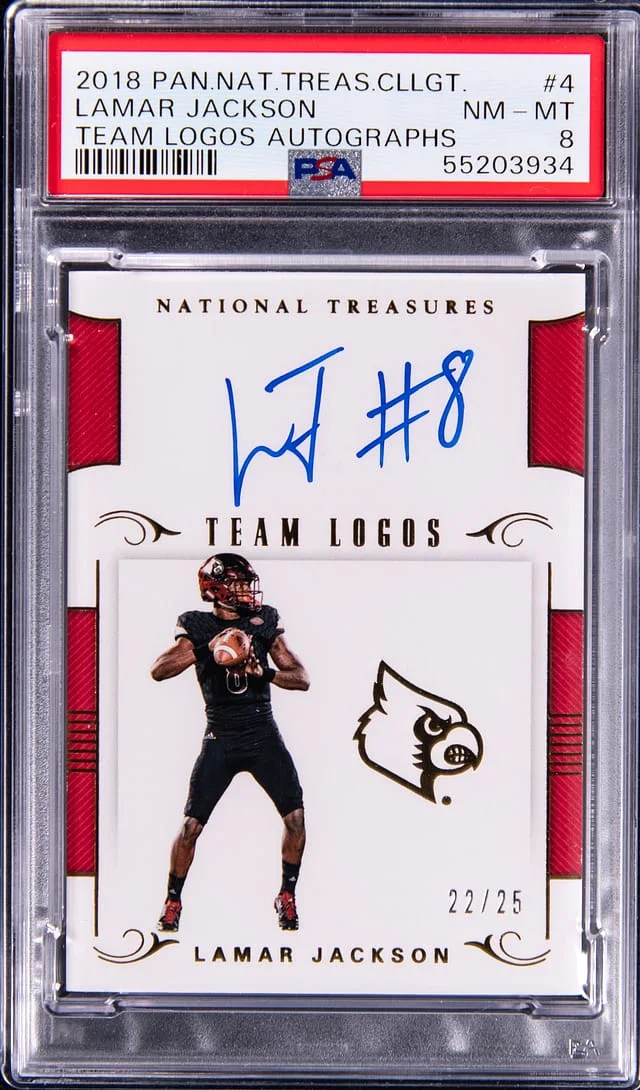 2018 Panini National Treasures Lamar Jackson Collegiate Team Logos Autographs #4 card image