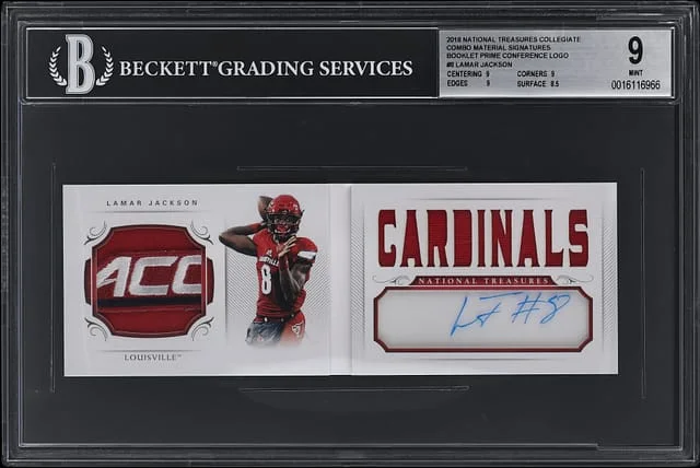 2018 Panini National Treasures Lamar Jackson Collegiate Combo Material Signature Prime Conference Logo Booklet #8 card image