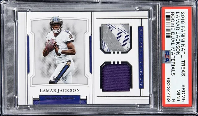 2018 Panini National Treasures Lamar Jackson Dual Dual Materials #RDM5 card image