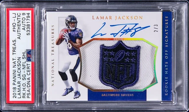 2018 Panini National Treasures Lamar Jackson Hats Off Signatures NFL Shield #HO-LJ card image