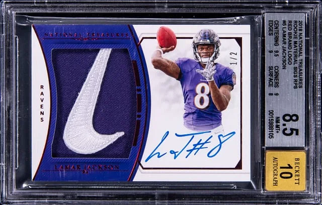 2018 Panini National Treasures Lamar Jackson Material Signatures RPS Holo Silver #RMS-LJ card image