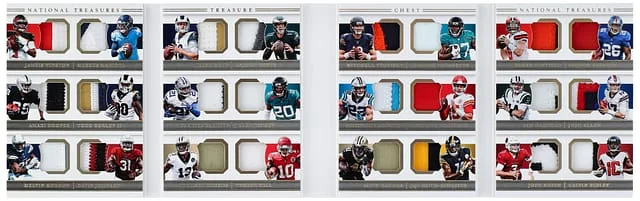 2018 Panini National Treasures Patch Booklet Card (24 Players) - Featuring Patrick Mahomes II, Josh Allen, Saquon Barkley Treasure Chest #TC-2 card image