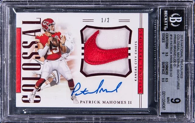 2018 Panini National Treasures Patrick Mahomes II Colossal Material Signatures Prime Brand Logo #CS-PM card image