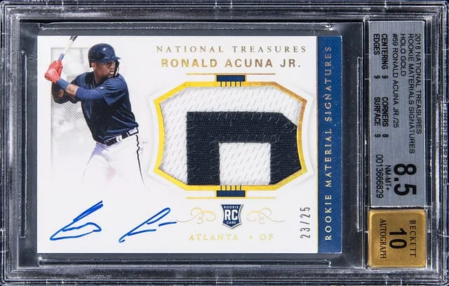 2018 Panini National Treasures Ronald Acuna Jr. Materials Signatures Holo Gold #59 card image