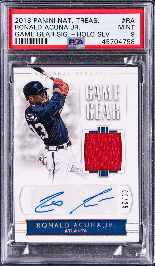2018 Panini National Treasures Ronald Acuna Jr. Game Gear Signatures Holo Silver #RA card image