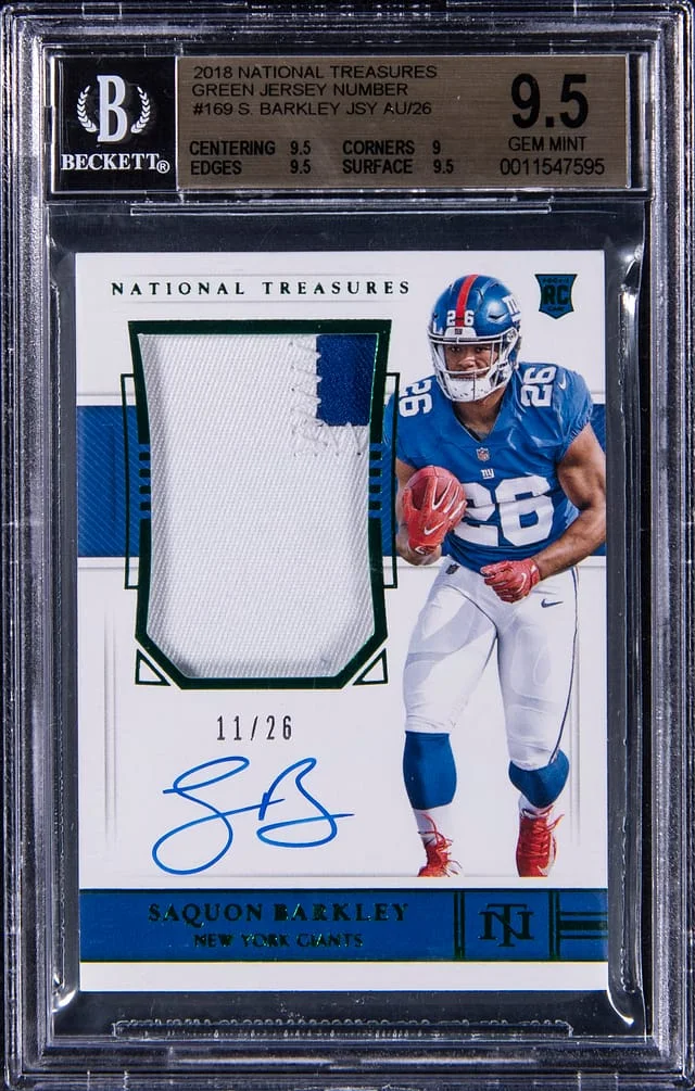 2018 Panini National Treasures Saquon Barkley Patch Autograph (RPA) NFL Shield #169 card image