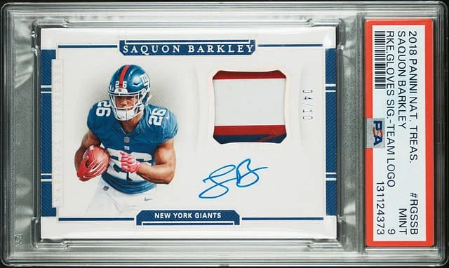 2018 Panini National Treasures Saquon Barkley Gloves Signature Team Logo #RGS-SB card image
