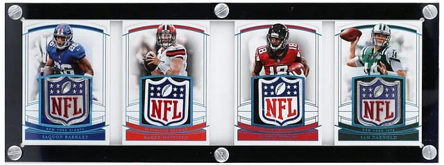 2018 Panini National Treasures Saquon Barkley/Baker Mayfield/Calvin Ridley/Sam Darnold Quad Booklet NFL Shield #RQB-3 card image