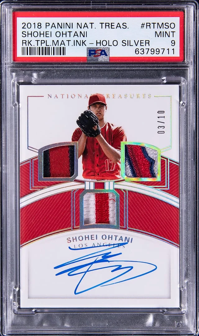 2018 Panini National Treasures Shohei Ohtani Triple Material Ink Holo Silver #RTM-SO card image