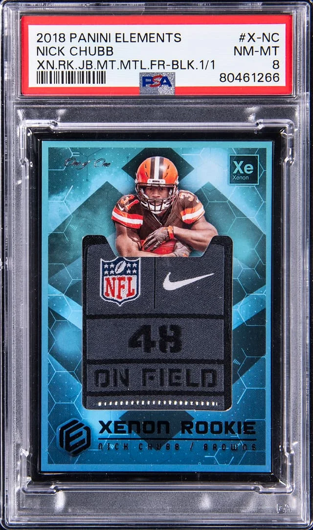 2018 Panini Nick Chubb Elements Xenon Jumbo Material Metal Framed #X-NC card image