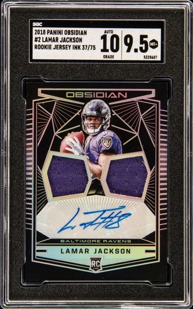 2018 Panini Obsidian Lamar Jackson Jersey Ink Dual Relics #2 card image