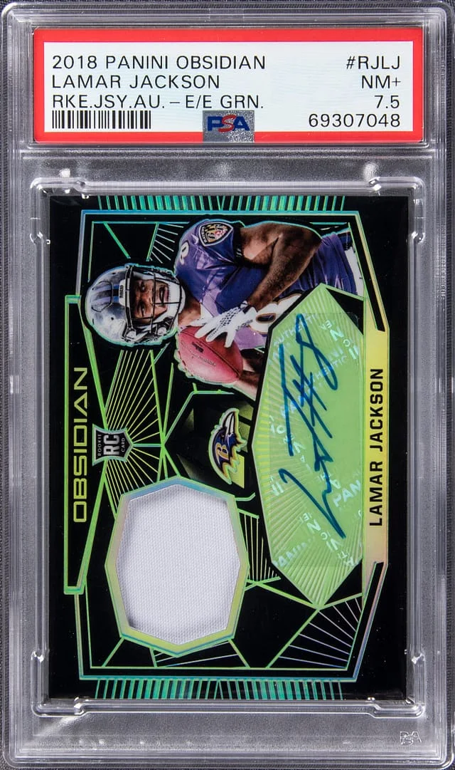 2018 Panini Obsidian Lamar Jackson Jersey Autographs Electric Etch Green #RJ-LJ card image
