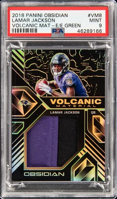 2018 Panini Obsidian Lamar Jackson Volcanic Material Electric Etch Green #VM8 card image