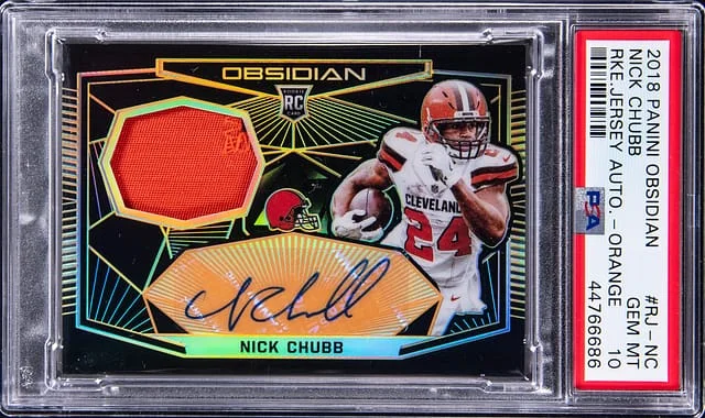 2018 Panini Obsidian Nick Chubb Jersey Autograph Orange #RJ-NC card image
