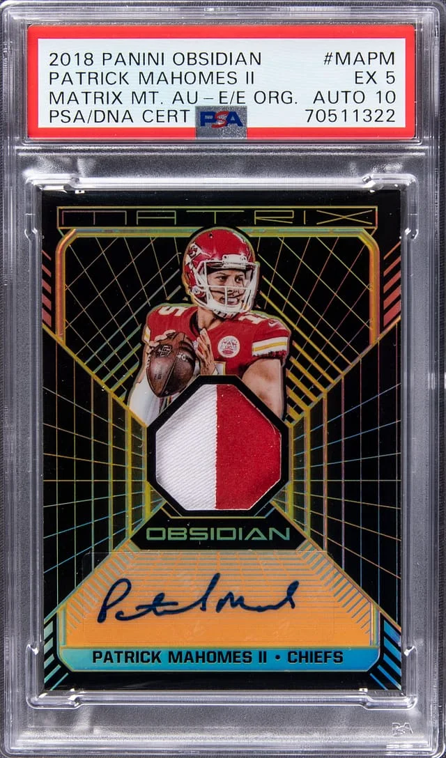 2018 Panini Obsidian Patrick Mahomes II Matrix Material Autographs Electric Etch Orange #MA-PM card image