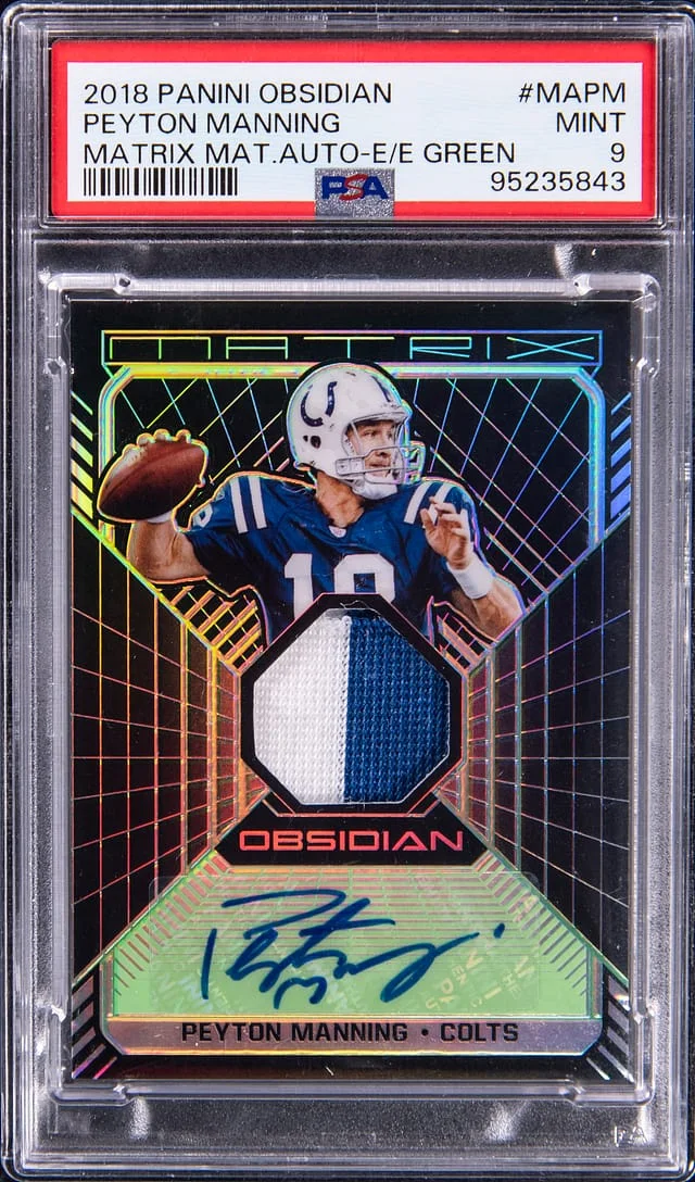 2018 Panini Obsidian Peyton Manning Matrix Materials Autograph Electric Etch Green #MA-PM card image