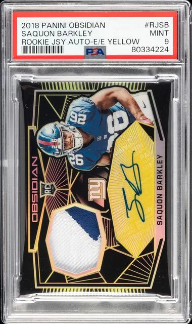 2018 Panini Obsidian Saquon Barkley Jersey Autographs Electric Etch Yellow #RJ-SB card image
