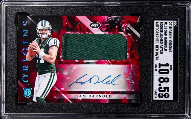 2018 Panini Origins Sam Darnold Jumbo Patch Autographed Red #102 card image