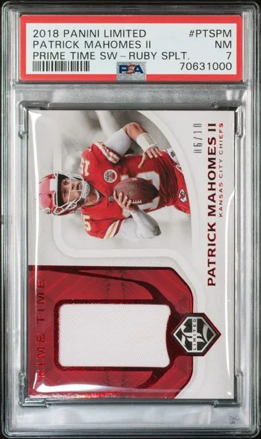 2018 Panini Patrick Mahomes II Limited Prime Time Swatches Ruby Spotlight #PTS-PM card image