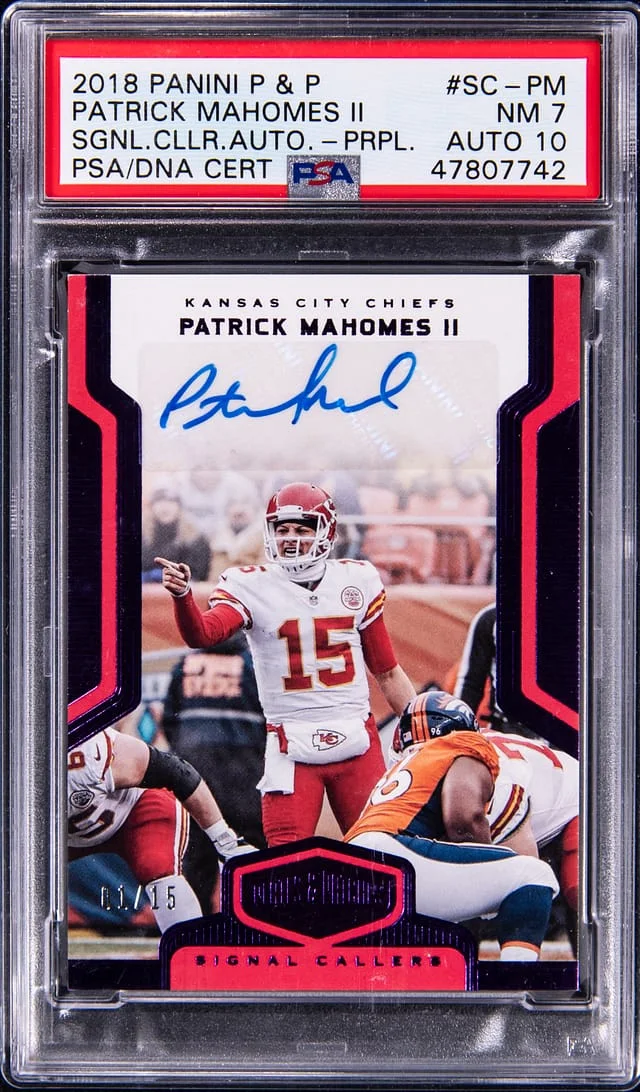 2018 Panini Patrick Mahomes II Plates & Patches Signal Callers Autograph Purple #SC-PM card image