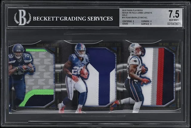2018 Panini Penny/Barkley/Michel Playbook Nexus Tri Fold Jumbo Jersey Gold #14 card image