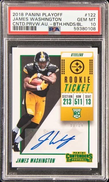 2018 Panini Playoff James Washington, Both Hands On Ball Contenders Preview Ticket Autograph #122 card image