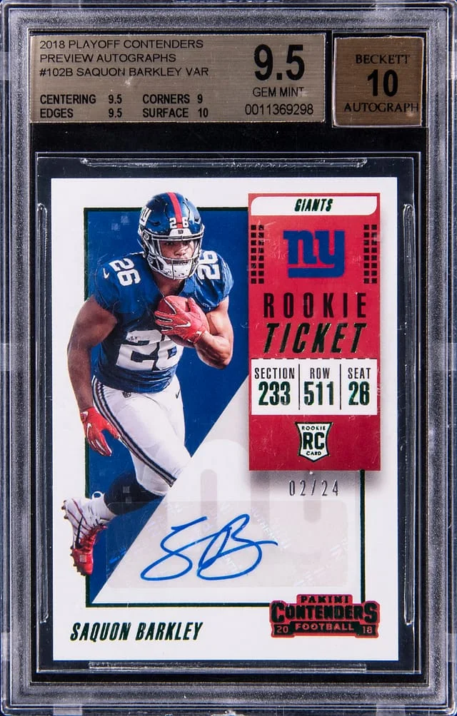 2018 Panini Playoff Saquon Barkley Contenders Preview Ticket Autograph Variation #102B card image