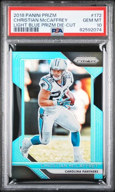 2018 Panini Prizm Christian Mccaffrey Light Blue Prizm Die-Cut #172 card image