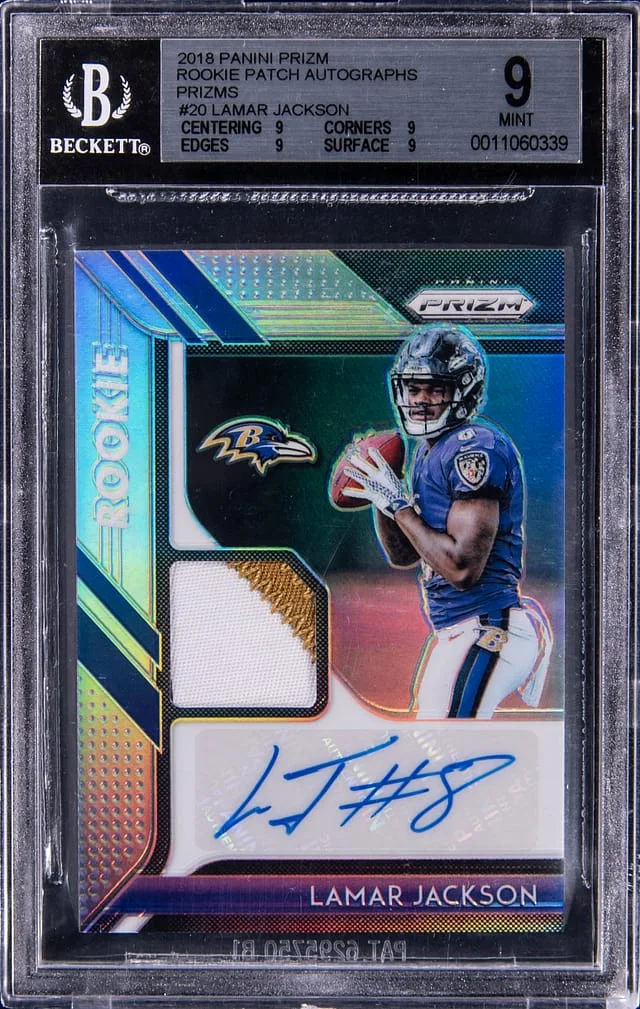 2018 Panini Prizm Lamar Jackson Patch Autograph Purple Power #RPA-LJ card image