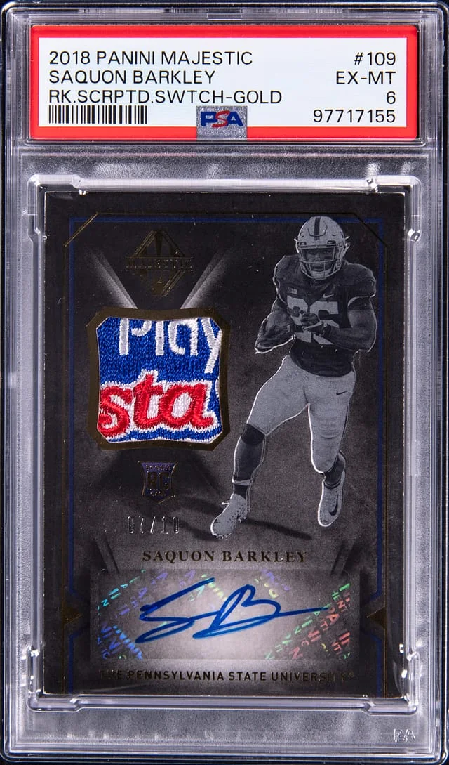 2018 Panini Saquon Barkley Majestic Scripted Swatch Gold #109 card image