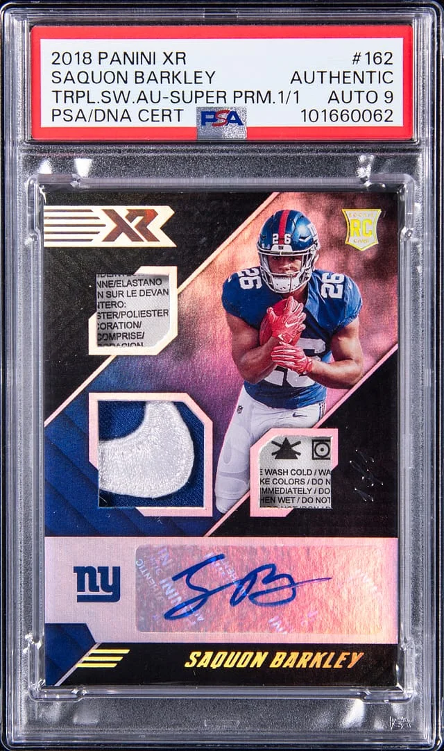 2018 Panini Saquon Barkley XR Triple Swatch Autograph Super Prime #162 card image