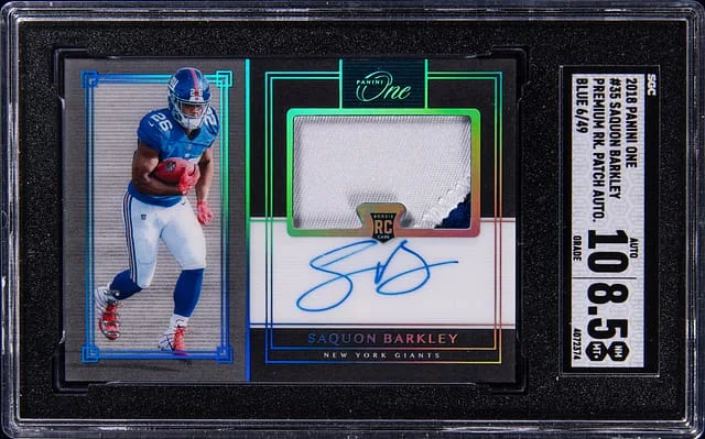 2018 Panini Saquon Barkley One Premium Patch Autograph Blue #35 card image