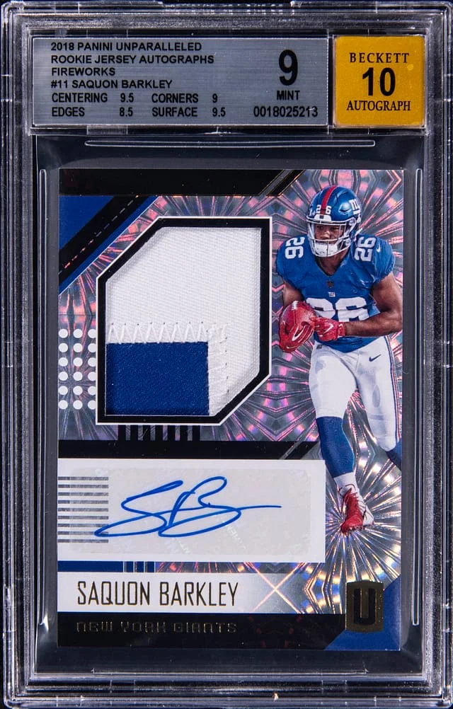 2018 Panini Saquon Barkley Unparalleld Jersey Autographs Fireworks #RJA-SB card image