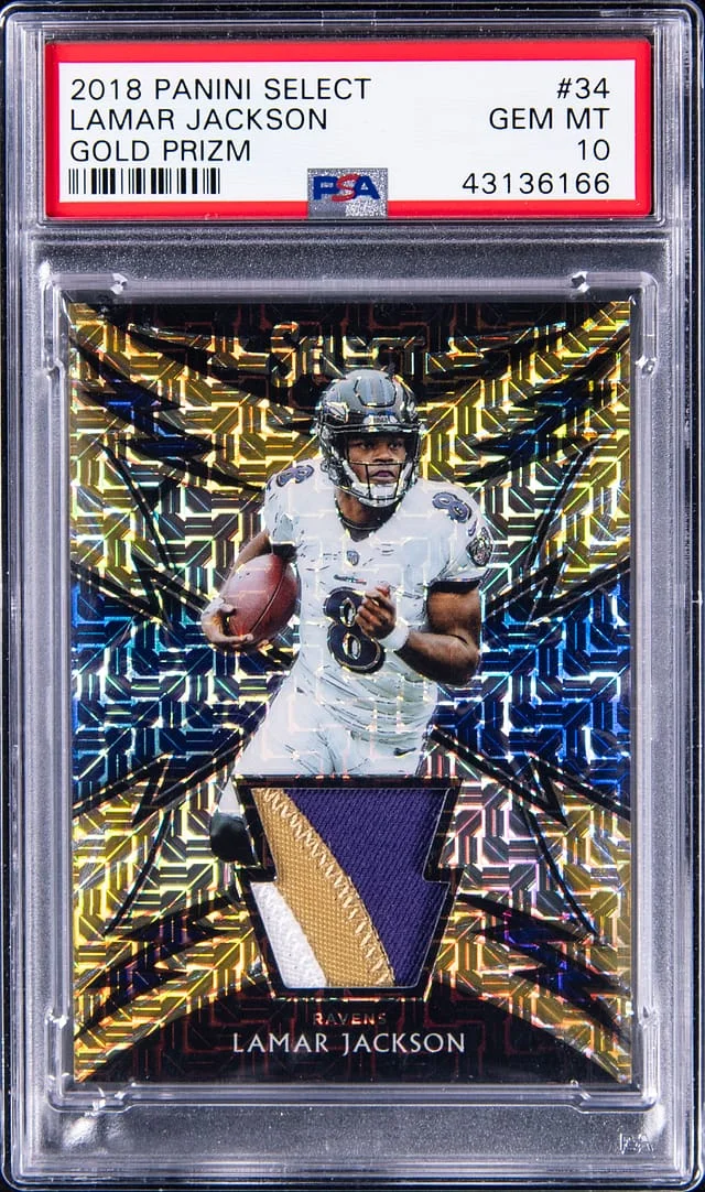 2018 Panini Select Lamar Jackson Sparks Relic Gold Prizm #34 card image