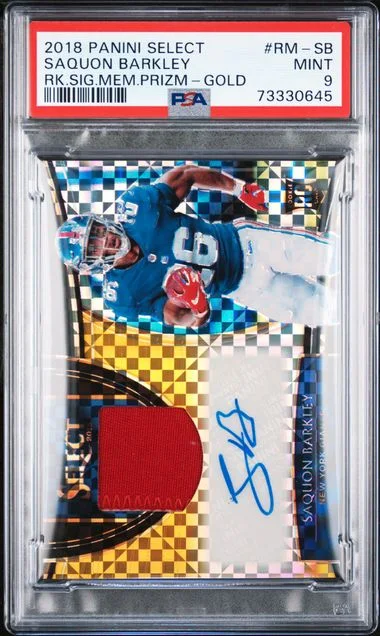 2018 Panini Select Saquon Barkley Signature Memorabilia Prizm Gold #RM-SB card image