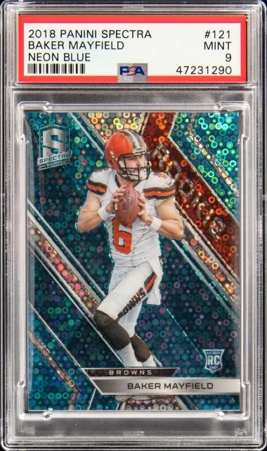 2018 Panini Spectra Baker Mayfield Neon Blue #121 card image