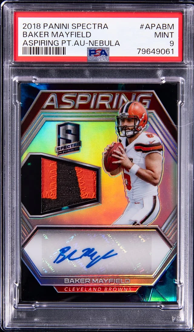 2018 Panini Spectra Baker Mayfield Aspiring Patch Autograph Nebula #APA-BM card image