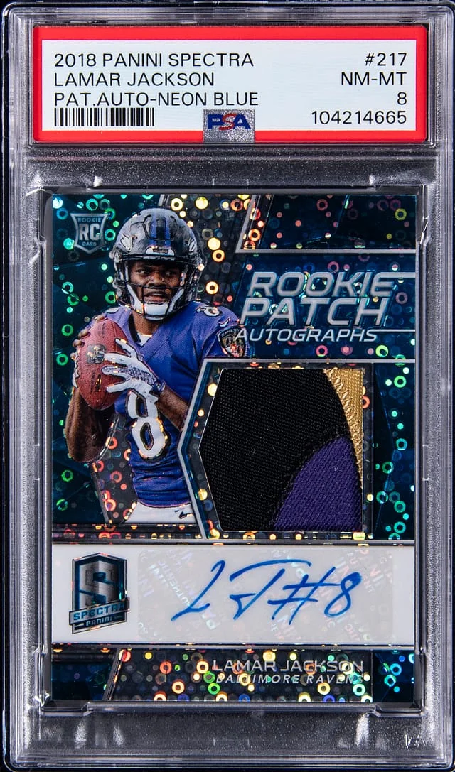 2018 Panini Spectra Lamar Jackson Patch Autograph Neon Blue #217 card image